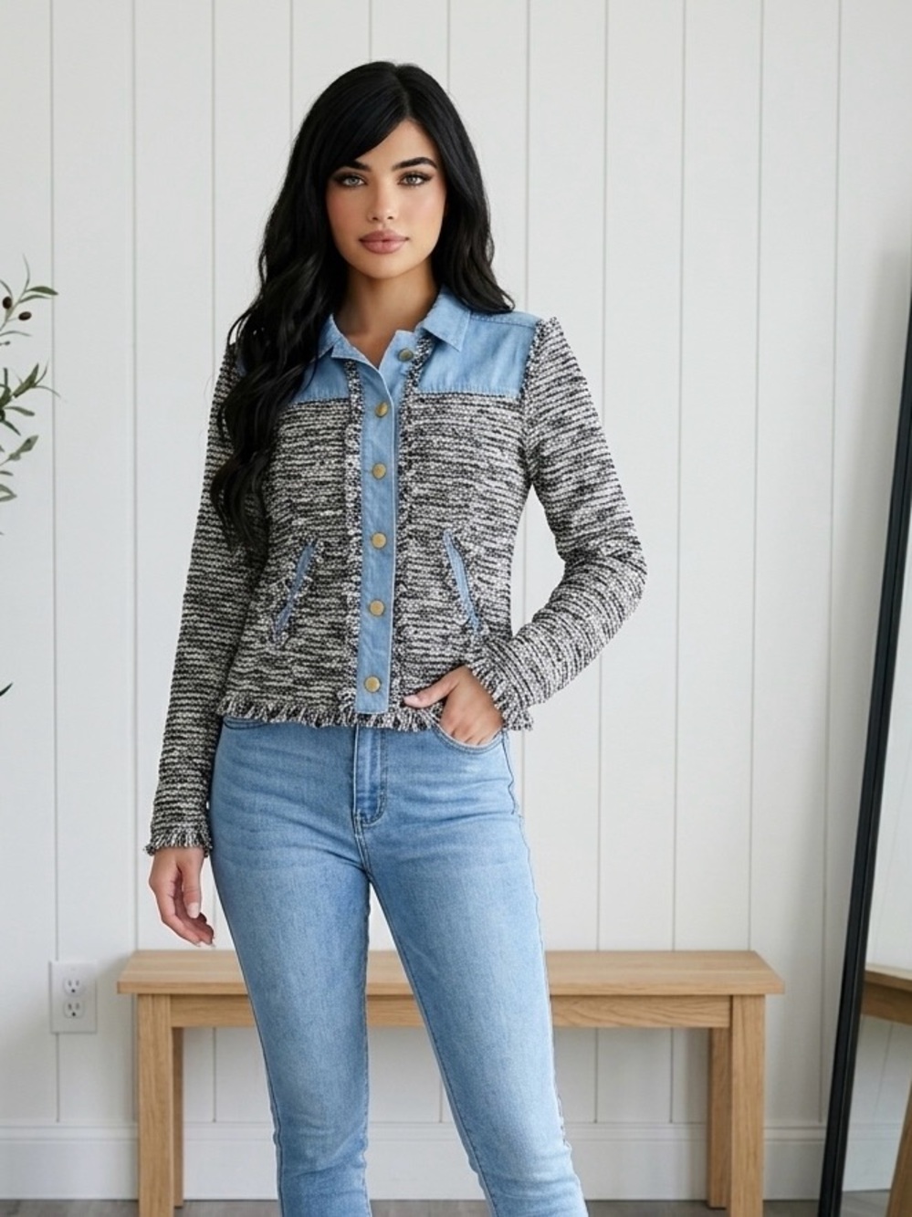 *Brand New* RolyPoly Black & White Tweed Jean-Trim Jacket - Women's Casual Coat